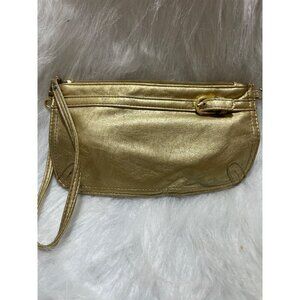 Neiman Marcus Gold Metallic Leather Wristlet Clutch With Removable Strap